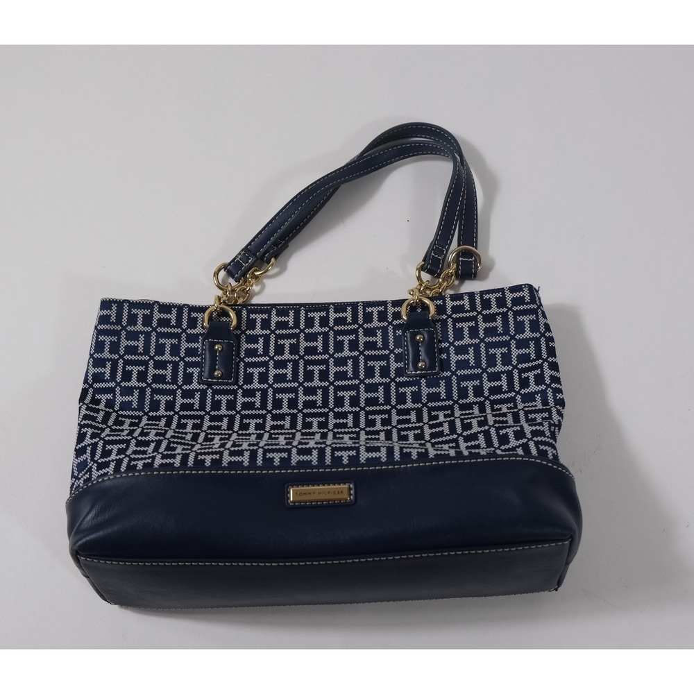 Tommy Hilfiger Tote Bag  Medium Navy Monogram Jacquard Shoulder Purse Logo